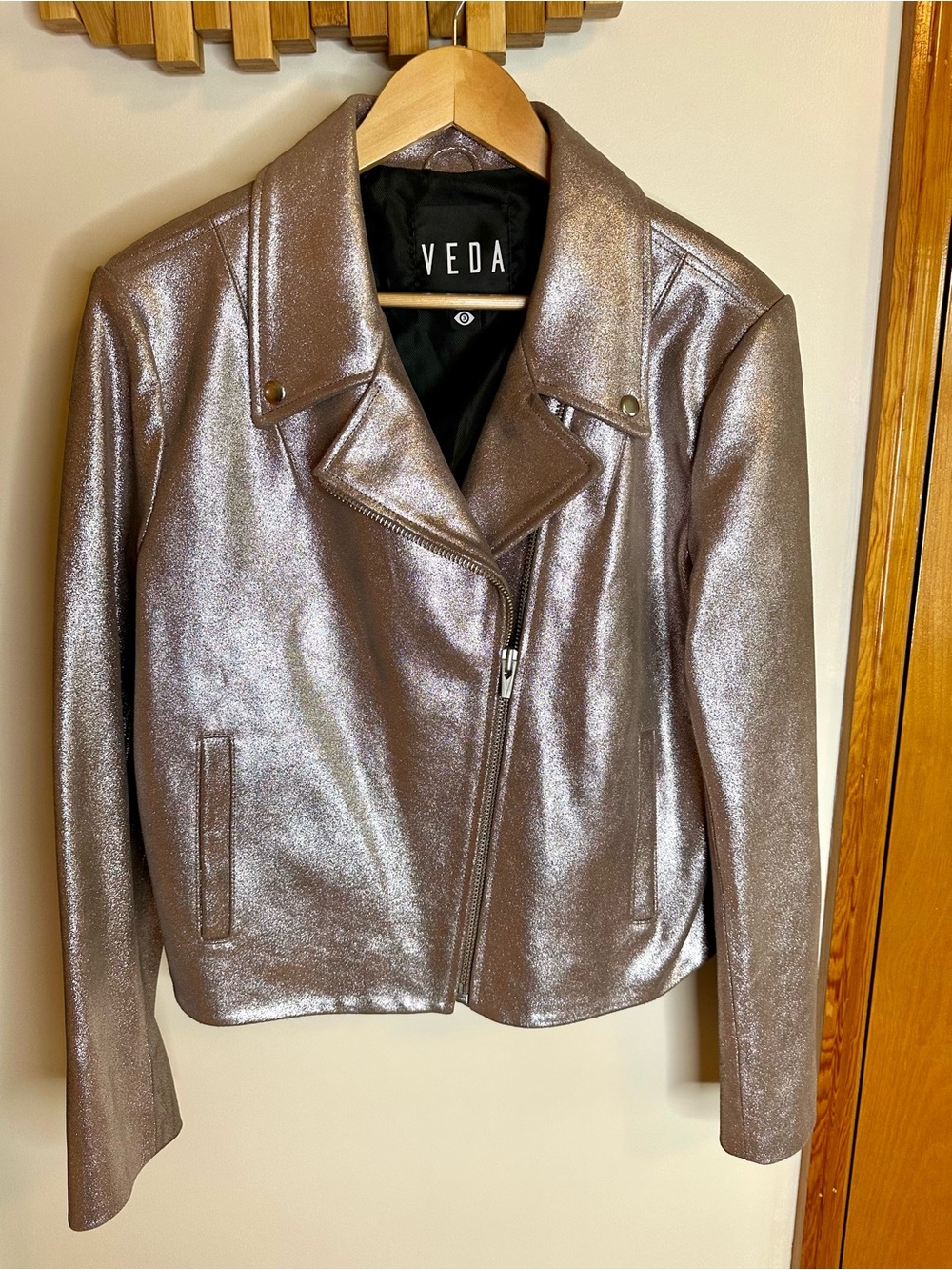 VEDA Metallic Rose Gold Leather Moto Jacket - size 18 - luxury glam